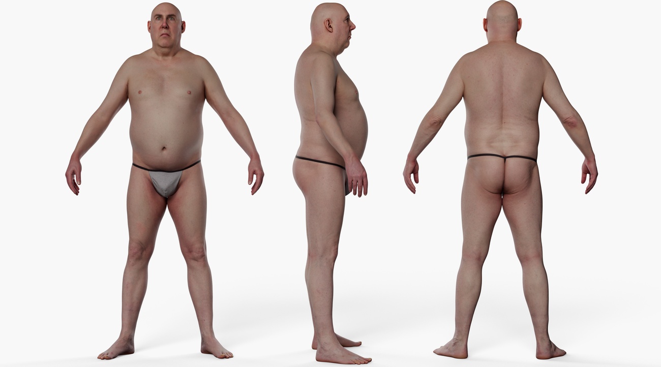 Full body 3D scan of a heavy-set middle-aged male, retopologised quad mesh with PBR skin textures